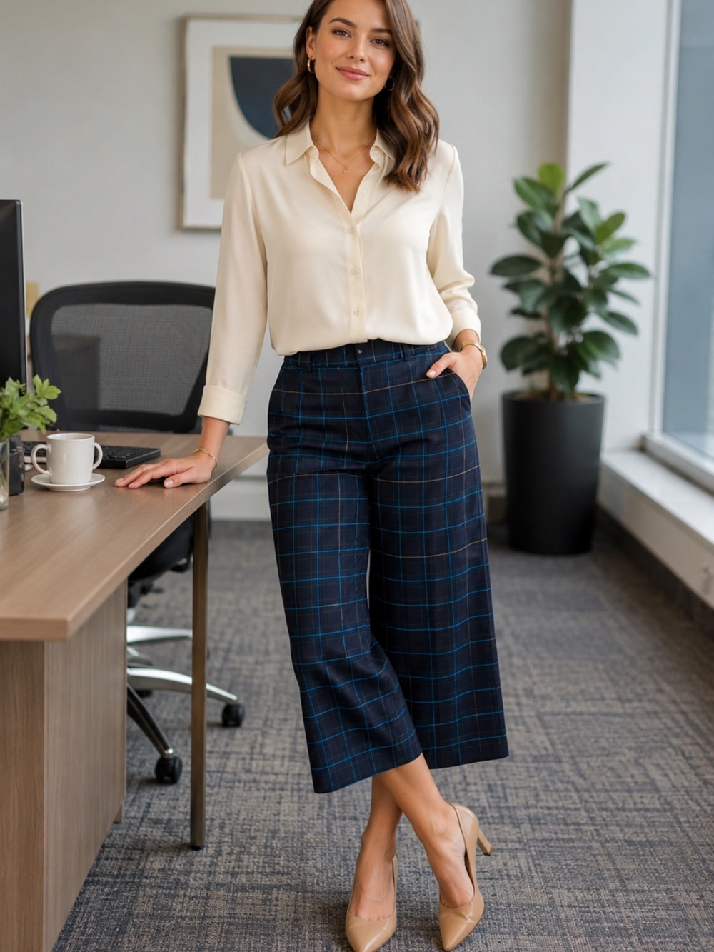 Ann Taylor Factory Plaid Wide Leg Capris Office Business Casual Preppy